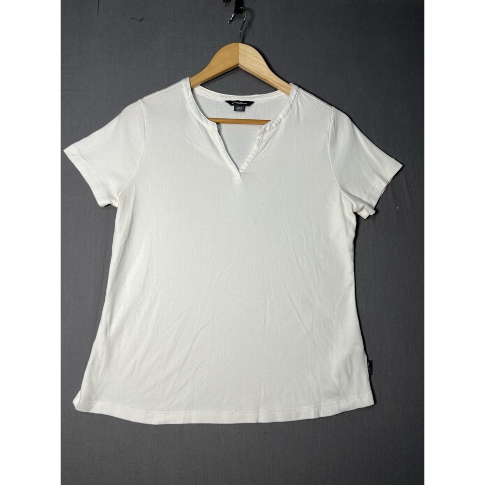 Eddie Bauer T-Shirt Women's S White Pima Cotton Split Neck Short Sleeve Casual